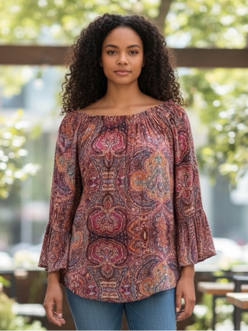 Cupio Peasant flowy top with bell sleeve Size L multi color.
